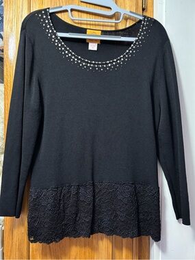 Ruby Rd. Black Scoop Neck Sweater with Sequin Accents and Lace Overlay Trim